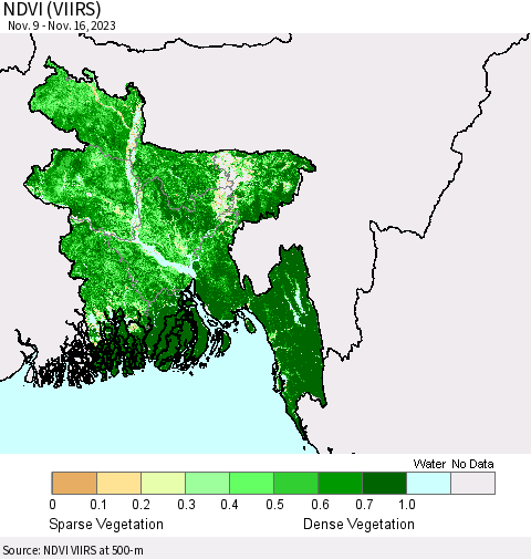 Bangladesh NDVI (VIIRS) Thematic Map For 11/9/2023 - 11/16/2023