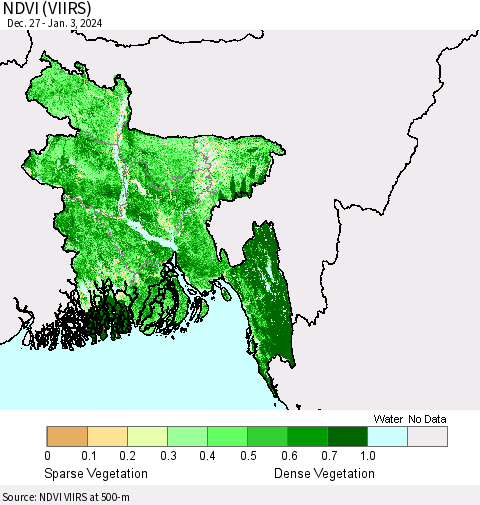 Bangladesh NDVI (VIIRS) Thematic Map For 12/27/2023 - 1/3/2024