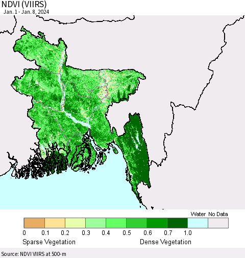 Bangladesh NDVI (VIIRS) Thematic Map For 1/1/2024 - 1/8/2024
