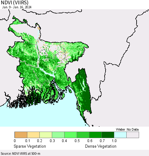 Bangladesh NDVI (VIIRS) Thematic Map For 1/9/2024 - 1/16/2024