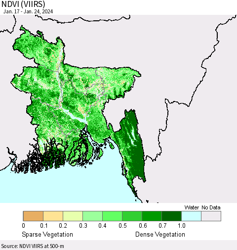Bangladesh NDVI (VIIRS) Thematic Map For 1/17/2024 - 1/24/2024