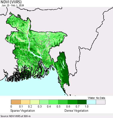 Bangladesh NDVI (VIIRS) Thematic Map For 1/25/2024 - 2/1/2024