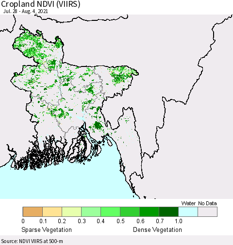 Bangladesh Cropland NDVI (VIIRS) Thematic Map For 7/28/2021 - 8/4/2021