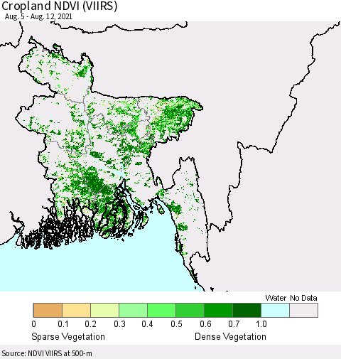 Bangladesh Cropland NDVI (VIIRS) Thematic Map For 8/5/2021 - 8/12/2021