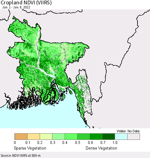 Bangladesh Cropland NDVI (VIIRS) Thematic Map For 1/1/2022 - 1/8/2022