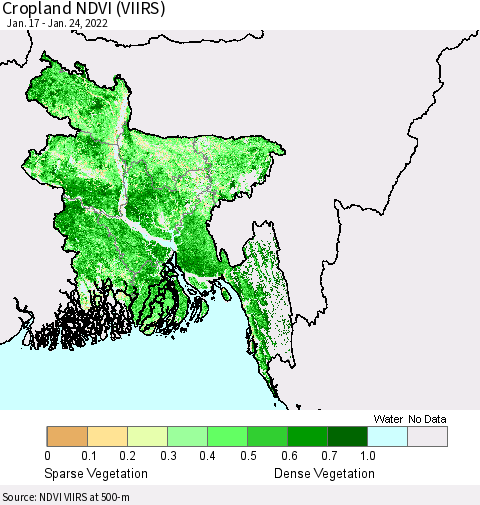 Bangladesh Cropland NDVI (VIIRS) Thematic Map For 1/17/2022 - 1/24/2022