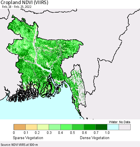 Bangladesh Cropland NDVI (VIIRS) Thematic Map For 2/18/2022 - 2/25/2022