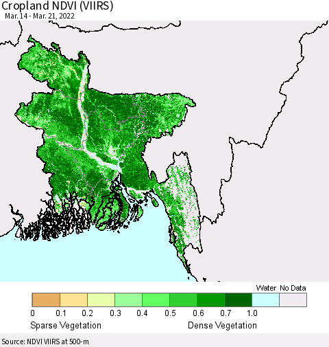 Bangladesh Cropland NDVI (VIIRS) Thematic Map For 3/14/2022 - 3/21/2022