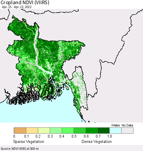 Bangladesh Cropland NDVI (VIIRS) Thematic Map For 4/15/2022 - 4/22/2022