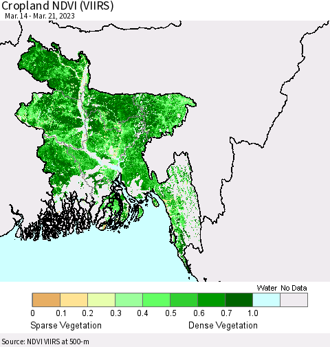 Bangladesh Cropland NDVI (VIIRS) Thematic Map For 3/14/2023 - 3/21/2023
