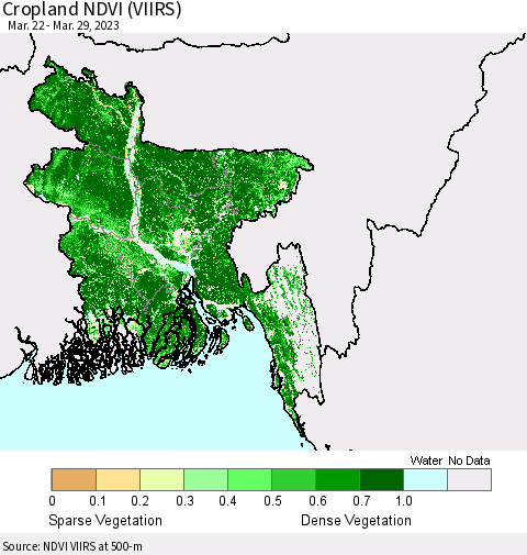 Bangladesh Cropland NDVI (VIIRS) Thematic Map For 3/22/2023 - 3/29/2023