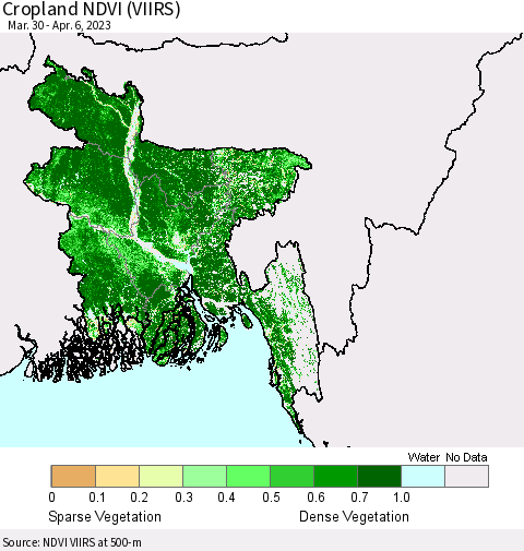 Bangladesh Cropland NDVI (VIIRS) Thematic Map For 3/30/2023 - 4/6/2023