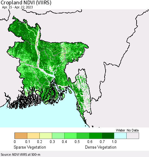 Bangladesh Cropland NDVI (VIIRS) Thematic Map For 4/15/2023 - 4/22/2023
