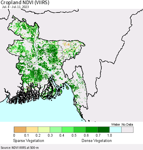 Bangladesh Cropland NDVI (VIIRS) Thematic Map For 7/4/2023 - 7/11/2023