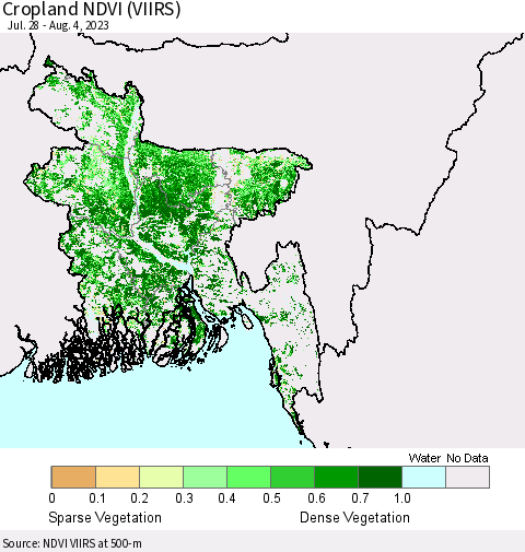 Bangladesh Cropland NDVI (VIIRS) Thematic Map For 7/28/2023 - 8/4/2023