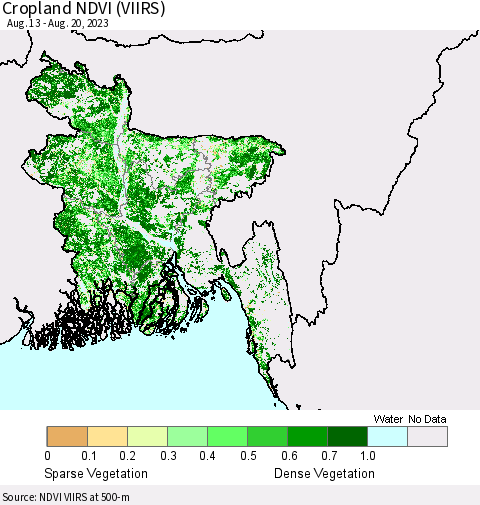 Bangladesh Cropland NDVI (VIIRS) Thematic Map For 8/13/2023 - 8/20/2023