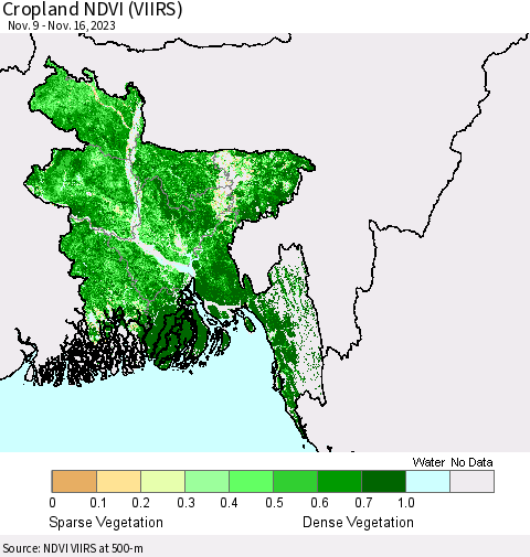 Bangladesh Cropland NDVI (VIIRS) Thematic Map For 11/9/2023 - 11/16/2023