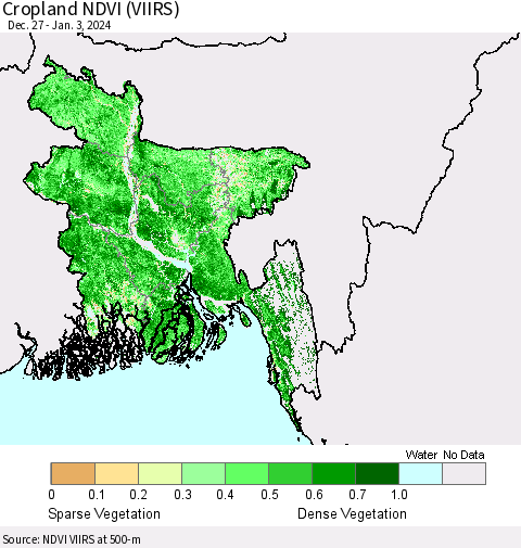 Bangladesh Cropland NDVI (VIIRS) Thematic Map For 12/27/2023 - 1/3/2024