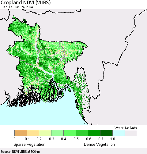 Bangladesh Cropland NDVI (VIIRS) Thematic Map For 1/17/2024 - 1/24/2024