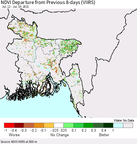 Bangladesh NDVI Departure from Previous 8-days (VIIRS) Thematic Map For 7/12/2021 - 7/19/2021