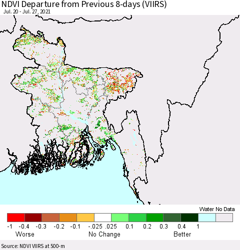 Bangladesh NDVI Departure from Previous 8-days (VIIRS) Thematic Map For 7/20/2021 - 7/27/2021