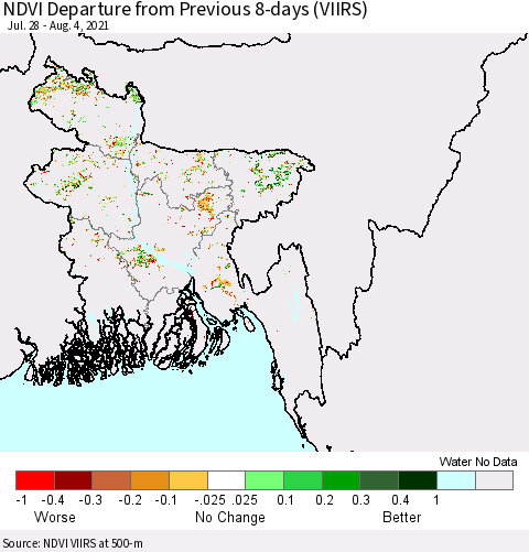 Bangladesh NDVI Departure from Previous 8-days (VIIRS) Thematic Map For 7/28/2021 - 8/4/2021