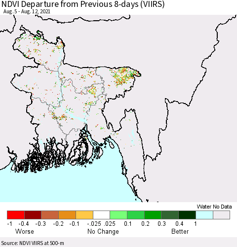 Bangladesh NDVI Departure from Previous 8-days (VIIRS) Thematic Map For 8/5/2021 - 8/12/2021