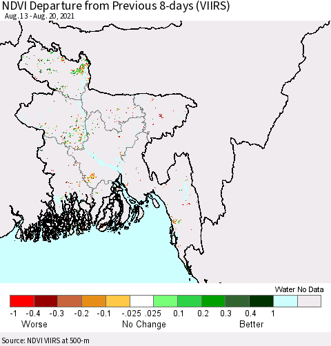 Bangladesh NDVI Departure from Previous 8-days (VIIRS) Thematic Map For 8/13/2021 - 8/20/2021