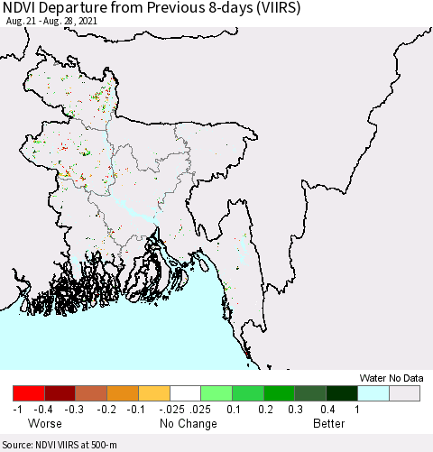 Bangladesh NDVI Departure from Previous 8-days (VIIRS) Thematic Map For 8/21/2021 - 8/28/2021