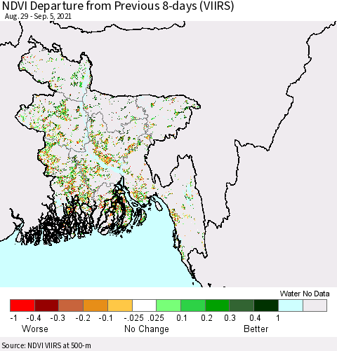 Bangladesh NDVI Departure from Previous 8-days (VIIRS) Thematic Map For 8/29/2021 - 9/5/2021