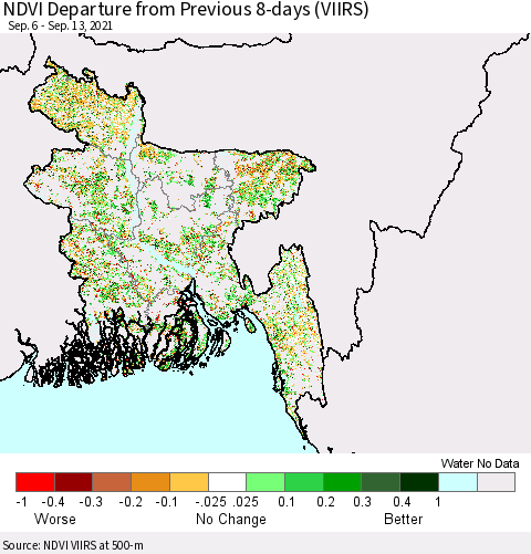 Bangladesh NDVI Departure from Previous 8-days (VIIRS) Thematic Map For 9/6/2021 - 9/13/2021