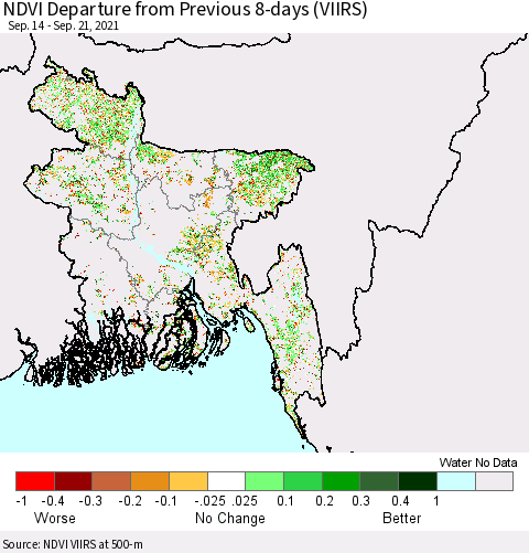 Bangladesh NDVI Departure from Previous 8-days (VIIRS) Thematic Map For 9/14/2021 - 9/21/2021