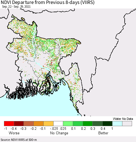 Bangladesh NDVI Departure from Previous 8-days (VIIRS) Thematic Map For 9/22/2021 - 9/29/2021