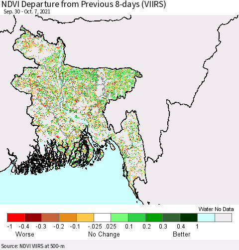 Bangladesh NDVI Departure from Previous 8-days (VIIRS) Thematic Map For 9/30/2021 - 10/7/2021