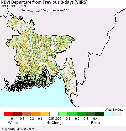 Bangladesh NDVI Departure from Previous 8-days (VIIRS) Thematic Map For 10/8/2021 - 10/15/2021