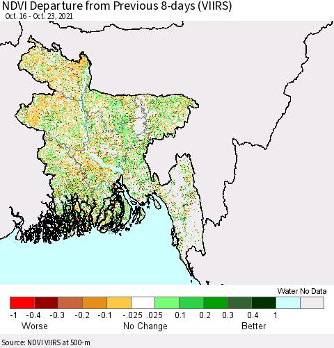 Bangladesh NDVI Departure from Previous 8-days (VIIRS) Thematic Map For 10/16/2021 - 10/23/2021