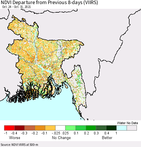 Bangladesh NDVI Departure from Previous 8-days (VIIRS) Thematic Map For 10/24/2021 - 10/31/2021