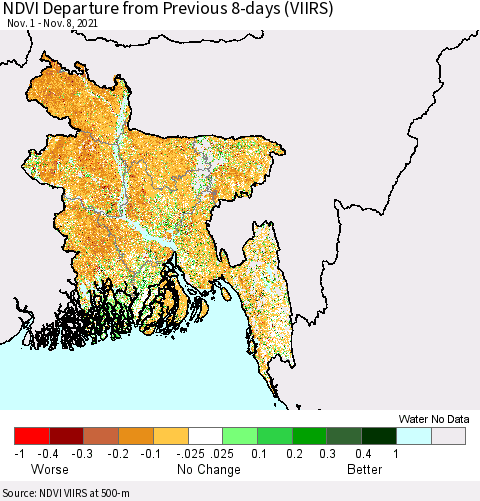 Bangladesh NDVI Departure from Previous 8-days (VIIRS) Thematic Map For 11/1/2021 - 11/8/2021