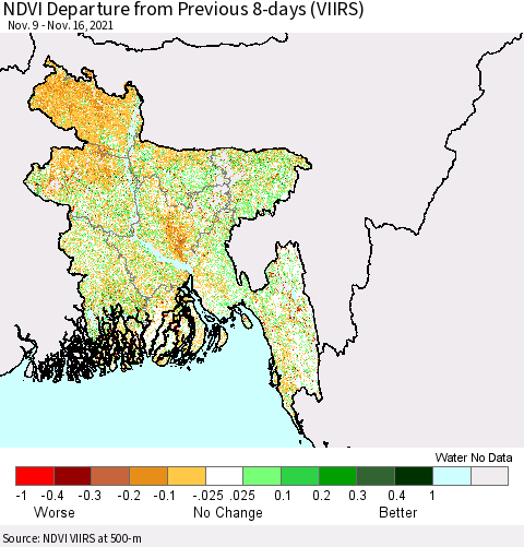 Bangladesh NDVI Departure from Previous 8-days (VIIRS) Thematic Map For 11/9/2021 - 11/16/2021