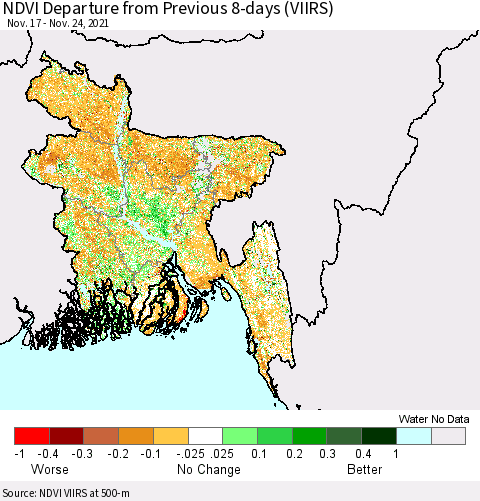 Bangladesh NDVI Departure from Previous 8-days (VIIRS) Thematic Map For 11/17/2021 - 11/24/2021