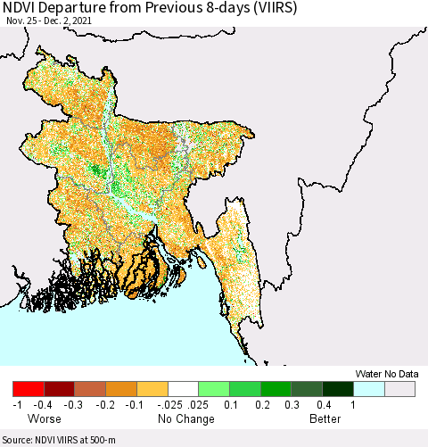 Bangladesh NDVI Departure from Previous 8-days (VIIRS) Thematic Map For 11/25/2021 - 12/2/2021