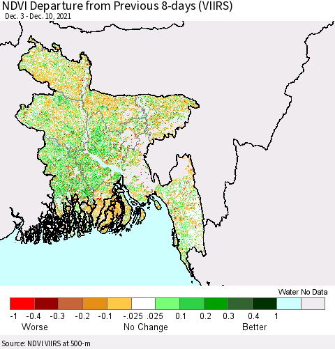 Bangladesh NDVI Departure from Previous 8-days (VIIRS) Thematic Map For 12/3/2021 - 12/10/2021