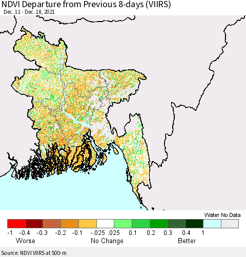 Bangladesh NDVI Departure from Previous 8-days (VIIRS) Thematic Map For 12/11/2021 - 12/18/2021
