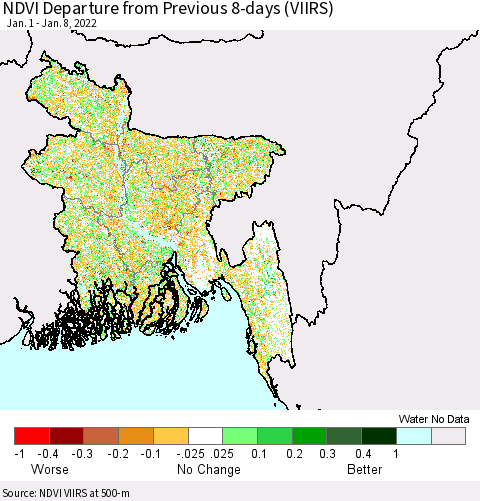 Bangladesh NDVI Departure from Previous 8-days (VIIRS) Thematic Map For 1/1/2022 - 1/8/2022