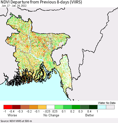 Bangladesh NDVI Departure from Previous 8-days (VIIRS) Thematic Map For 1/17/2022 - 1/24/2022