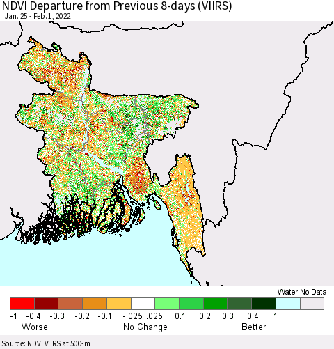 Bangladesh NDVI Departure from Previous 8-days (VIIRS) Thematic Map For 1/25/2022 - 2/1/2022