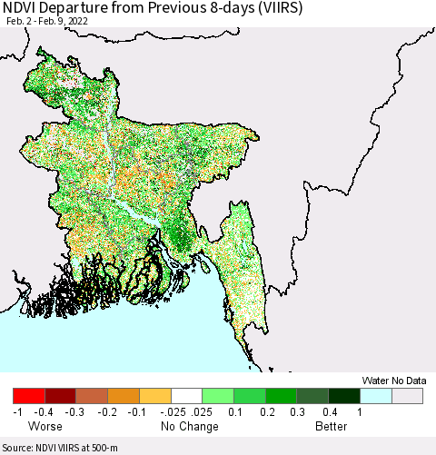Bangladesh NDVI Departure from Previous 8-days (VIIRS) Thematic Map For 2/2/2022 - 2/9/2022