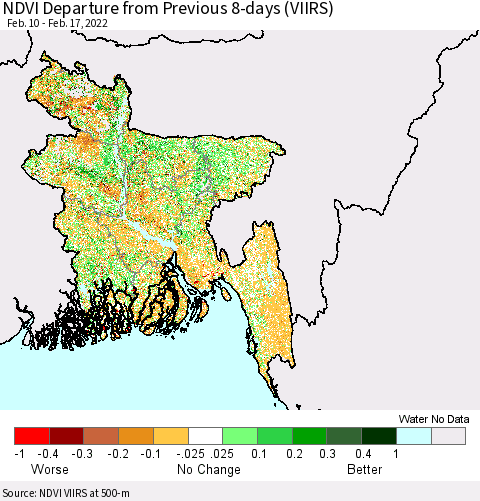 Bangladesh NDVI Departure from Previous 8-days (VIIRS) Thematic Map For 2/10/2022 - 2/17/2022