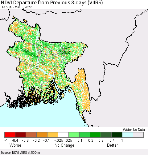 Bangladesh NDVI Departure from Previous 8-days (VIIRS) Thematic Map For 2/26/2022 - 3/5/2022