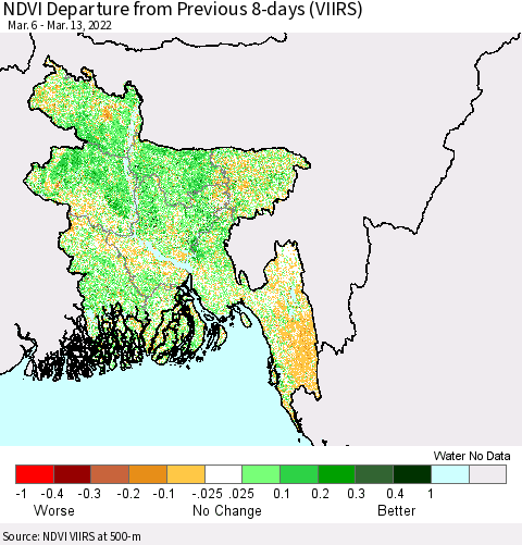 Bangladesh NDVI Departure from Previous 8-days (VIIRS) Thematic Map For 3/6/2022 - 3/13/2022